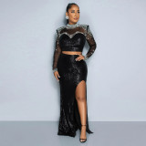 Round neck mesh sequin long sleeved top paired with high slit long skirt two-piece set