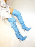 High heeled knee length boots with pointed buckle and rivet oversized shoes