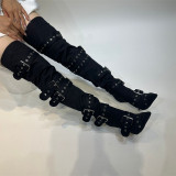 High heeled knee length boots with pointed buckle and rivet oversized shoes