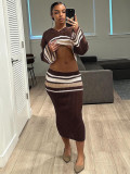 Open navel two-piece knitted striped mid length skirt set