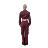 PU leather chest wrapped autumn and winter leather pants zipper two-piece set