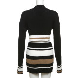 Open navel two-piece knitted striped short skirt set