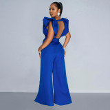 Solid color sexy V-neck pleated long pants jumpsuit