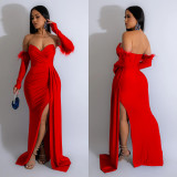 Solid color pleated backless slit long dress