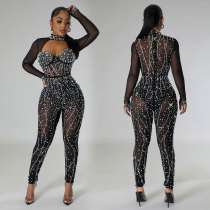 Solid color mesh hot diamond long sleeved jumpsuit