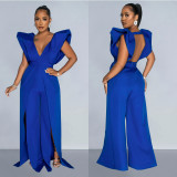 Solid color sexy V-neck pleated long pants jumpsuit
