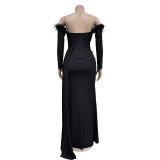 Solid color pleated backless slit long dress