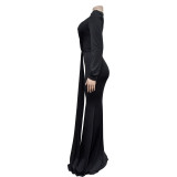 Solid color sexy deep V-pleated long dress