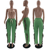 Tassel solid color sanitary pants with elastic tie up long pants