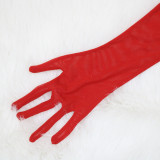 Solid Color Mesh Patchwork Velvet High Slit Suspender Evening Dress with Gloves Included