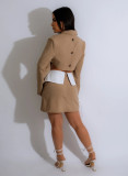 Contrast Color Waist Revealing Hollow Out Short Skirt Set