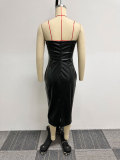 Tight Elastic Buttocks with Irregular Hollow and Split Leather Strapless Skirt