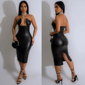 Tight Elastic Buttocks with Irregular Hollow and Split Leather Strapless Skirt