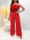 Solid Color One Line Collar Lace Up Jumpsuit