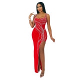 Solid Color Hot Diamond High Slit Dress with Suspender