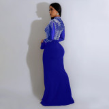 Round Necked Long Sleeved High Slit Hot Diamond Perspective Solid Color Party Evening Dress