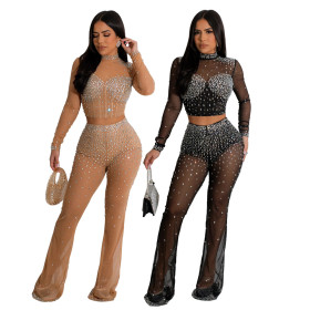 Hot Diamond Perspective Two piece Women's Set Round Neck Long sleeved Top