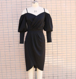 Slim Fitting Lantern Sleeve Irregular Dress with Strap and One Shoulder
