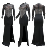 Round Necked Long Sleeved High Slit Hot Diamond Perspective Solid Color Party Evening Dress