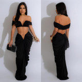 Solid Color Sexy Strapless Pleated Skirt Two-piece Set