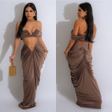 Solid Color Sexy Strapless Pleated Skirt Two-piece Set
