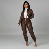 Slim Fit PU Leather Fleece Long Pants with 6 Pockets, Work Suit