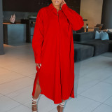 Casual Solid Color Lapel Long Sleeved Pocket Dress