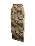 Washed Camouflage Button Up Multi Pocket Perforated Split Denim Skirt