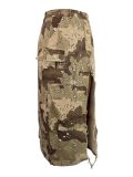 Washed Camouflage Button Up Multi Pocket Perforated Split Denim Skirt