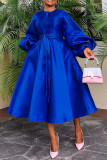Solid Color Glossy Loose Button Lantern Sleeve Dress