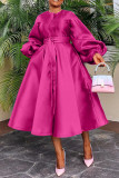 Solid Color Glossy Loose Button Lantern Sleeve Dress