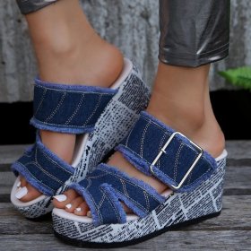 One Line Buckle High Heel Slippers for Women with Sloping Heels Thick Soled Cloth Surface Beach Sandals