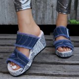 One Line Buckle High Heel Slippers for Women with Sloping Heels Thick Soled Cloth Surface Beach Sandals