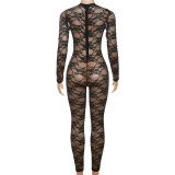 Perspective Round Neck Long Sleeved Lace Tight Fitting Jumpsuit
