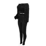 One Shoulder Long Sleeved Fur Short Top Paired with Slim Fitting Pants Two-piece Set