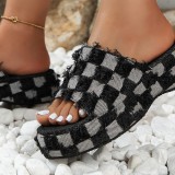 Large One Size Thick Sole Slippers Checkered Summer Casual Style with Fur Denim Slippers