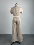 Round Neck Bubble Sleeve Top with Tie Up Wide Leg Pants Casual Set