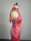 Hanging Neck Sleeveless Printed Slim Fit Medium Length Dress