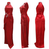 Sleeveless High Slit Solid Color Hot Diamond Dress Evening Dress Women's Long Skirt