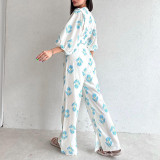 V-neck Temperament Printed Bubble Sleeve Top and Pants Women's Two-piece Set