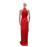 Sleeveless High Slit Solid Color Hot Diamond Dress Evening Dress Women's Long Skirt