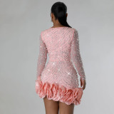 Hot Diamond Bubble Bead Dress Short Skirt Long sleeved Square Neck