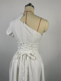 Diagonal Collar Short Sleeved Waistband Fish Bone Collection Waist Mid Length Dress