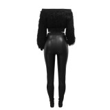 One Shoulder Long Sleeved Fur Short Top Paired with Slim Fitting Pants Two-piece Set