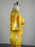 Printed Bubble Sleeves Square Neck Mid Length Split Dress