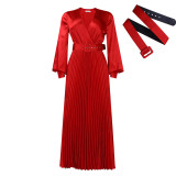 V-neck Fashionable Temperament Solid Color Pleated Formal Dress