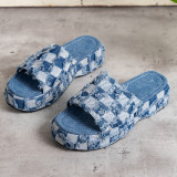 Large One Size Thick Sole Slippers Checkered Summer Casual Style with Fur Denim Slippers