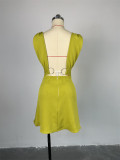 V-neck Design High Waisted Fake Pocket A-line Suspender Dress