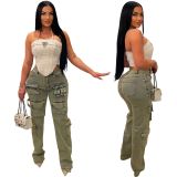 Washed Vintage Low Waisted Zippered Multi Bag Workwear Jeans