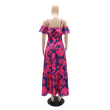 Open Back One Line Collar Fashionable High Waisted Printed Long Dress with Suspender Dress